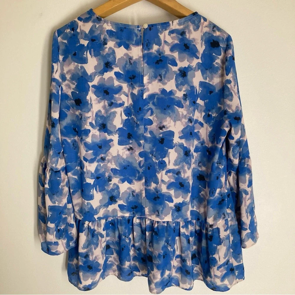 J. Crew Blue & White Floral Peplum Sleeve Blouse